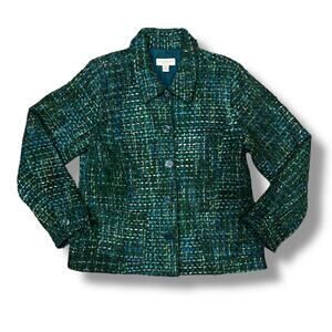 Appleseeds Wool Tweed Jacket Wool Blend Green Blue Blazer Size 14 Pockets